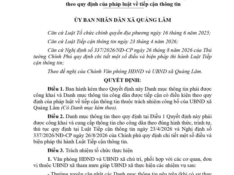 QUYẾT ĐỊNH   Về việc ban hành Danh mục thông tin phải được công khai và  Danh mục thông tin công dân được tiếp cận có điều kiện  theo quy định của pháp luật về tiếp cận thông tin